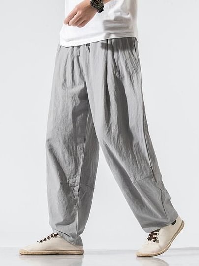 Men's Plain Loose Straight Leg Cotton And Linen Casual Pants