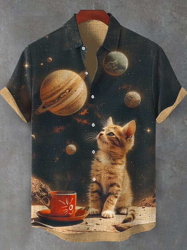 Men's Retro Future Leisure Cat Art Print Shirt