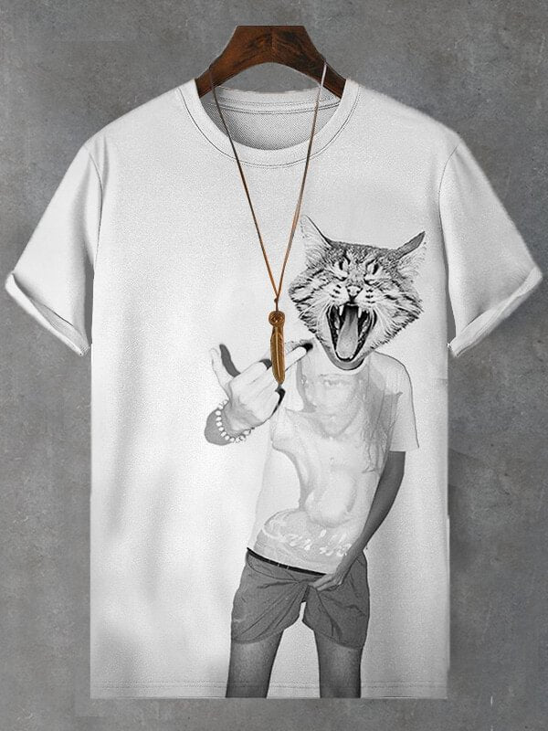 Men's Rock And Roll Hip Hop Cat Graphic Print T-Shirt