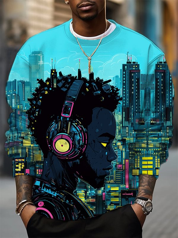 Men's Future Sci-Fi Art Black Boy Music Lover Print Casual Sweatshirt