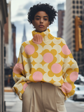 Women's Contrast Color Circle Print High Neck Knit Sweatshirt