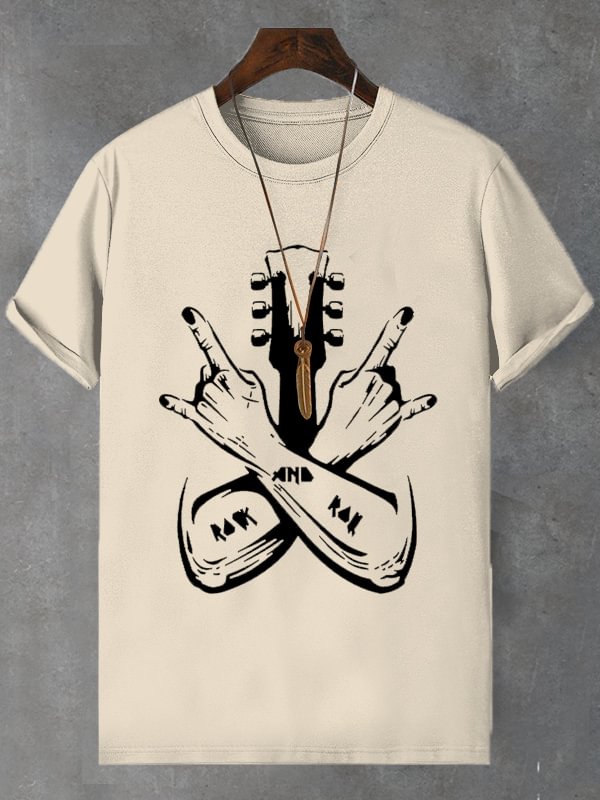 Men's Rock And Roll Guitar Graphic Print Cotton Casual T-Shirt