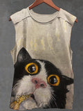 Men's Bicolor Cat Eating Fish Print Tank Top