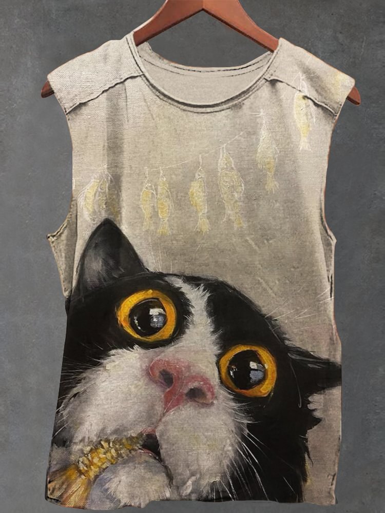 Men's Bicolor Cat Eating Fish Print Tank Top