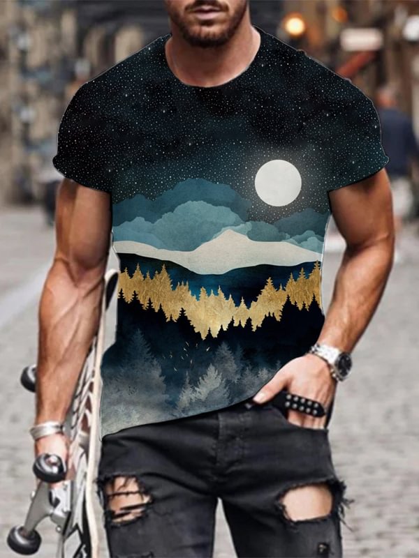 Men's Stars Full Moon Forest Art Print Casual Short Sleeve T-Shirt