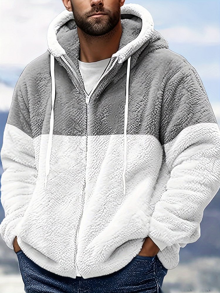 Men's Winter Color Splice Hooded Zip Up Warm Casual Jacket