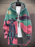 Men's Western Desert Cowboy Cat And UFO Art Print Hooded Trench Coat
