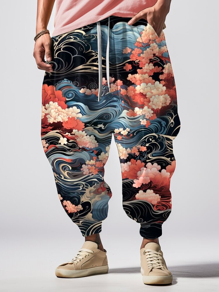 Men's Ukiyoe Sakura Wave Art Loose Drawstring Waist Sweatpants