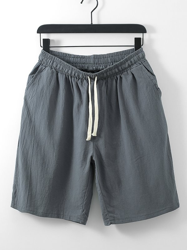 Men's Drawstring Elastic Waist Pockets Solid Color Cotton Linen Shorts