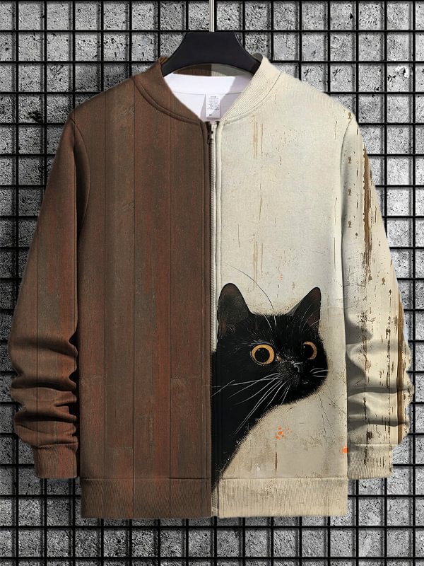 Men's Peeking Cat Art Print Casual Zip Up Jacket