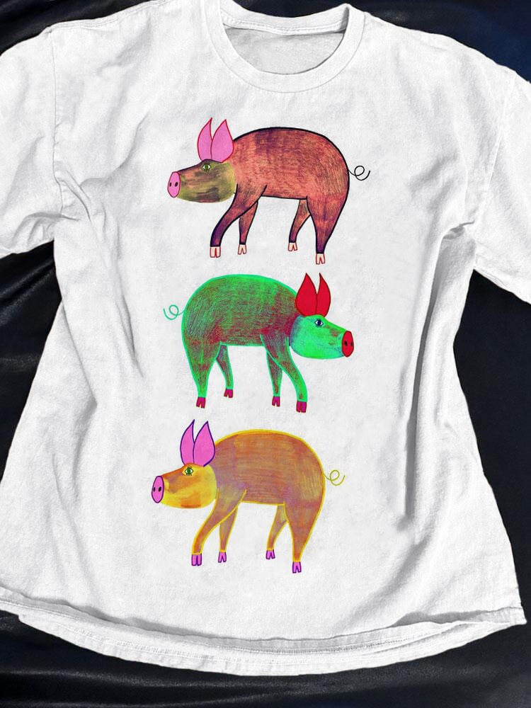 Men's Farm Cartoon Pig Graphic Print Casual T-Shirt