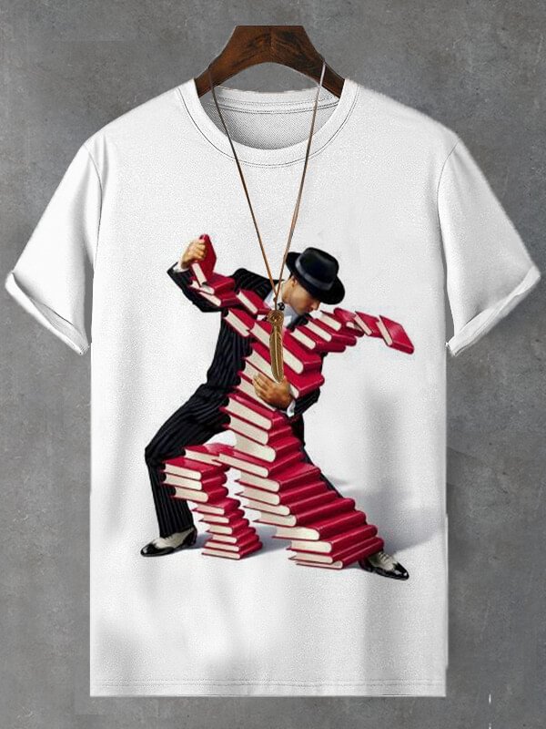 Men's Gentleman Man Dancing With Books Print T-Shirt