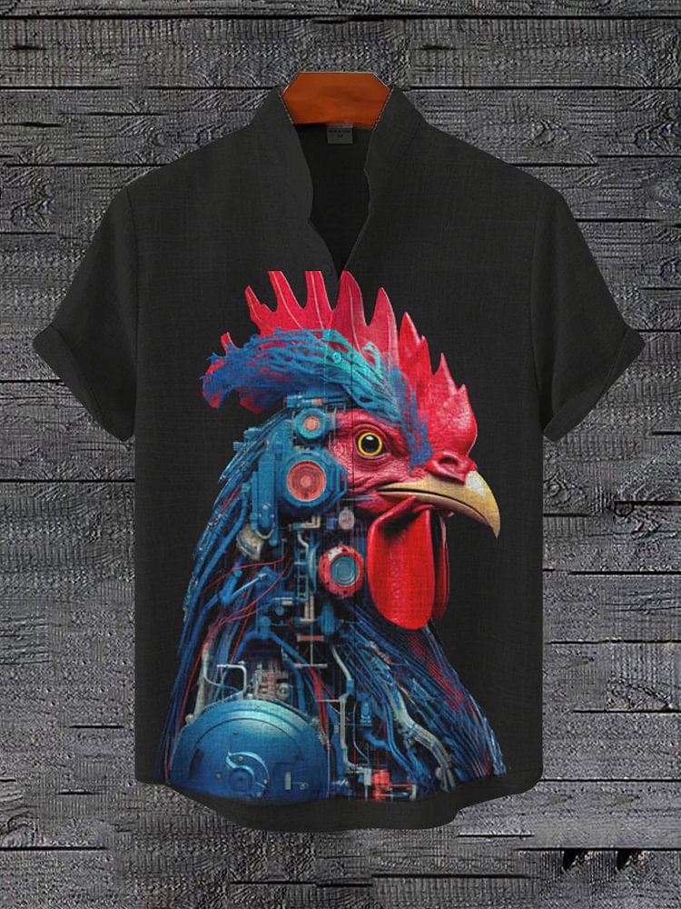 Men's Cyberpunk Mechanical Cock Art Print Linen Blend Shirt