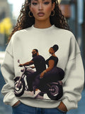 Women's Black Couple Riding Motorcycle Art Print Casual Sweatshirt