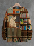 Men's Library Cat Print Knit Sweatshirt