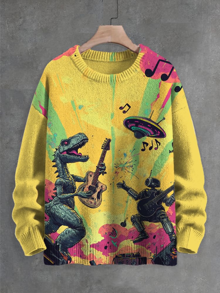 Men's Retro Dinosaur Robot Guitar Player Sci-Fi Art Print Knit Sweatshirt