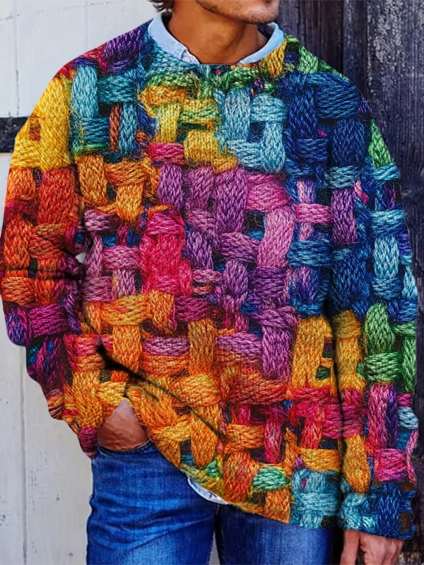 Men's Multicolor Wool Weaving Art Print Knit Sweatshirt