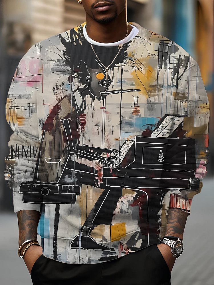 Men's Street Graffiti Art Piano Player Print Casual Sweatshirt
