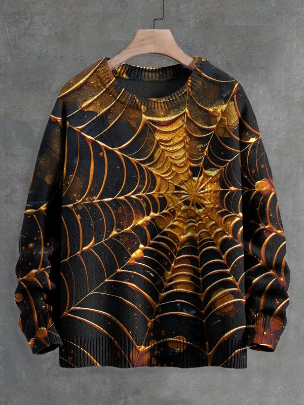 Men's Golden Spider Web Art Print Knit Sweatshirt