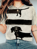 Women's Long Black Dog Crew Neck Print Casual T-Shirt