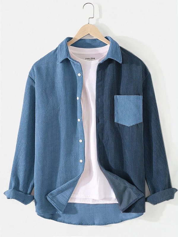 Men's Contrast Color Chest Pocket Turndown Collar Corduroy Shirt