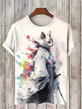 Men's Ink Painting Kimono Samurai Cat Art Print Casual T-Shirt