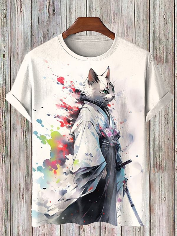 Men's Ink Painting Kimono Samurai Cat Art Print Casual T-Shirt