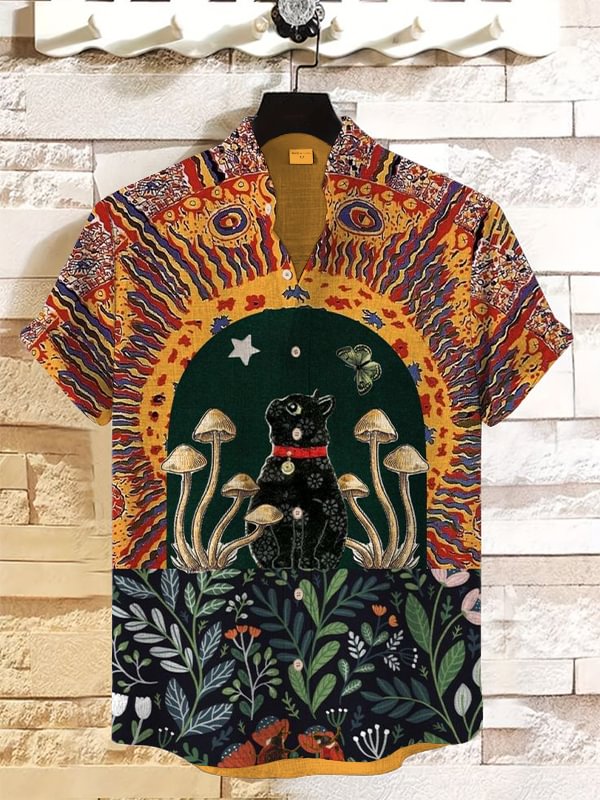 Men's Black Cat Mushroom Magical World Print Short Sleeve Linen Blend Shirt