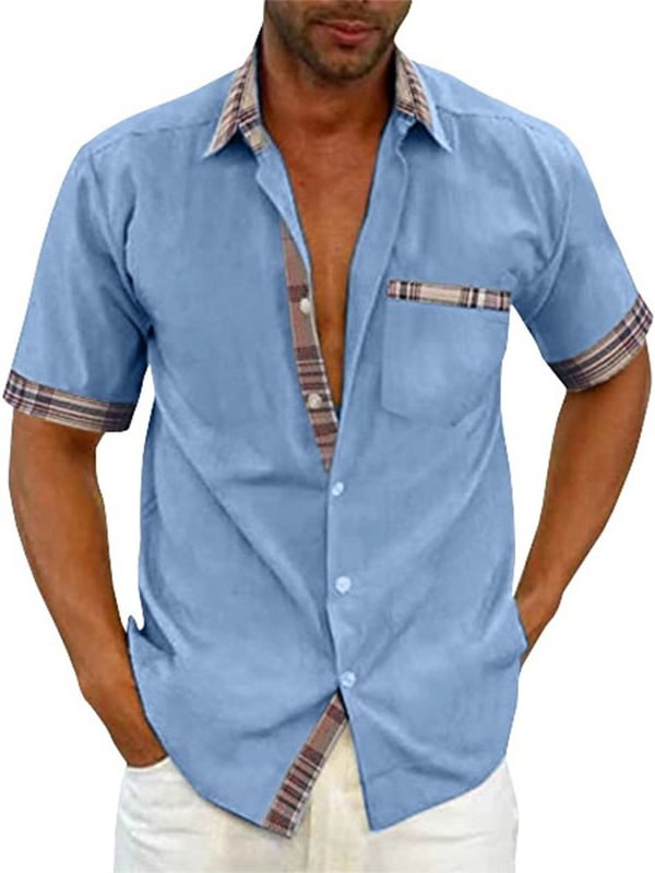 Men's Plaid Patchwork Chest Pocket Short Sleeve Business Casual Shirt