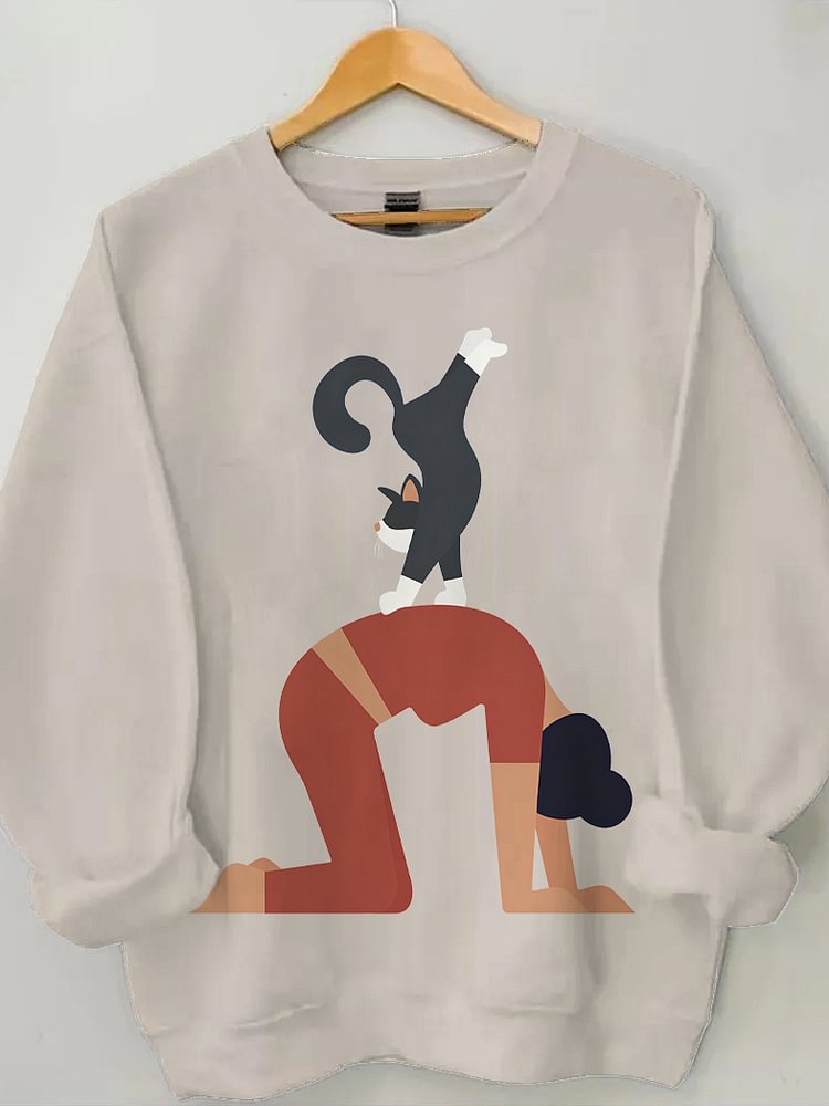 Women's Yoga Lover Cat Print Cotton Long Sleeve T-Shirt Thin Sweatshirt