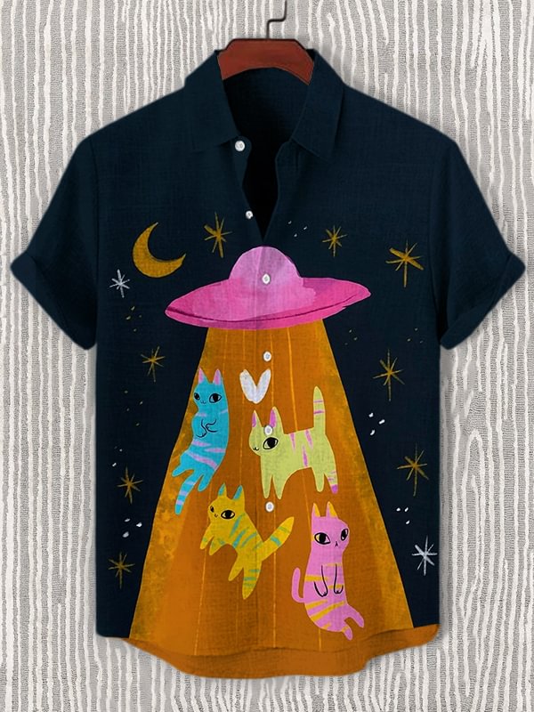 Men's Cats Taken Away By Alien UFO Print Shirt
