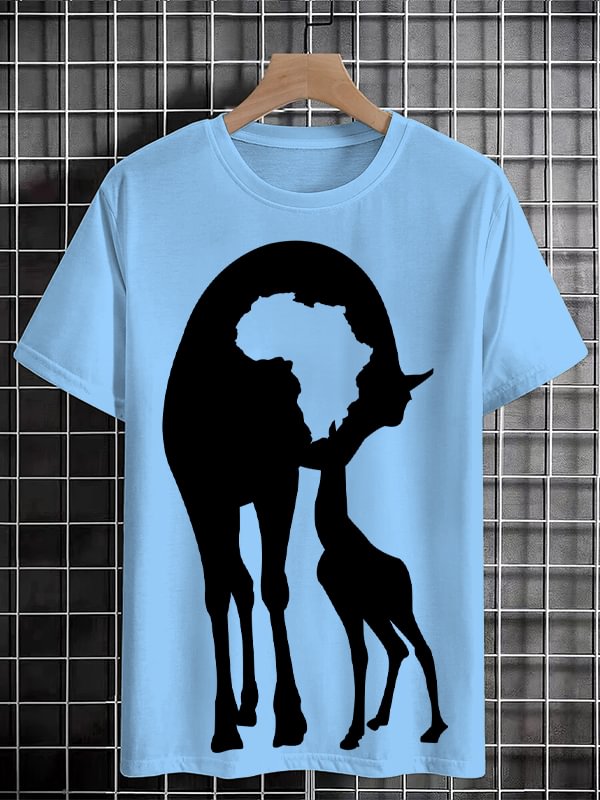 Men's Retro Cute Giraffe Africa Map Silhouette Print Cotton Casual T-Shirt