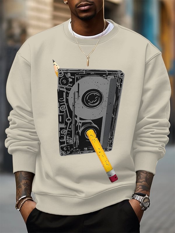 Men's Cassette Tape And Pencil Retro Art Print Cotton Casual Sweatshirt