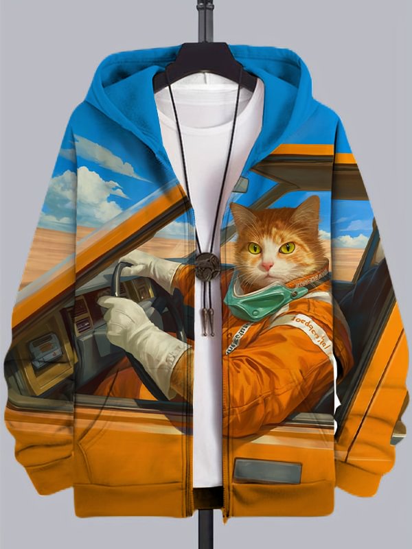 Men's Cat Mountain Racer Art Print Casual Zip Up Hooded Jacket