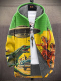 Men's European Woman Shooting Dinosaur UFO Color Block Art Print Hooded Trench Coat