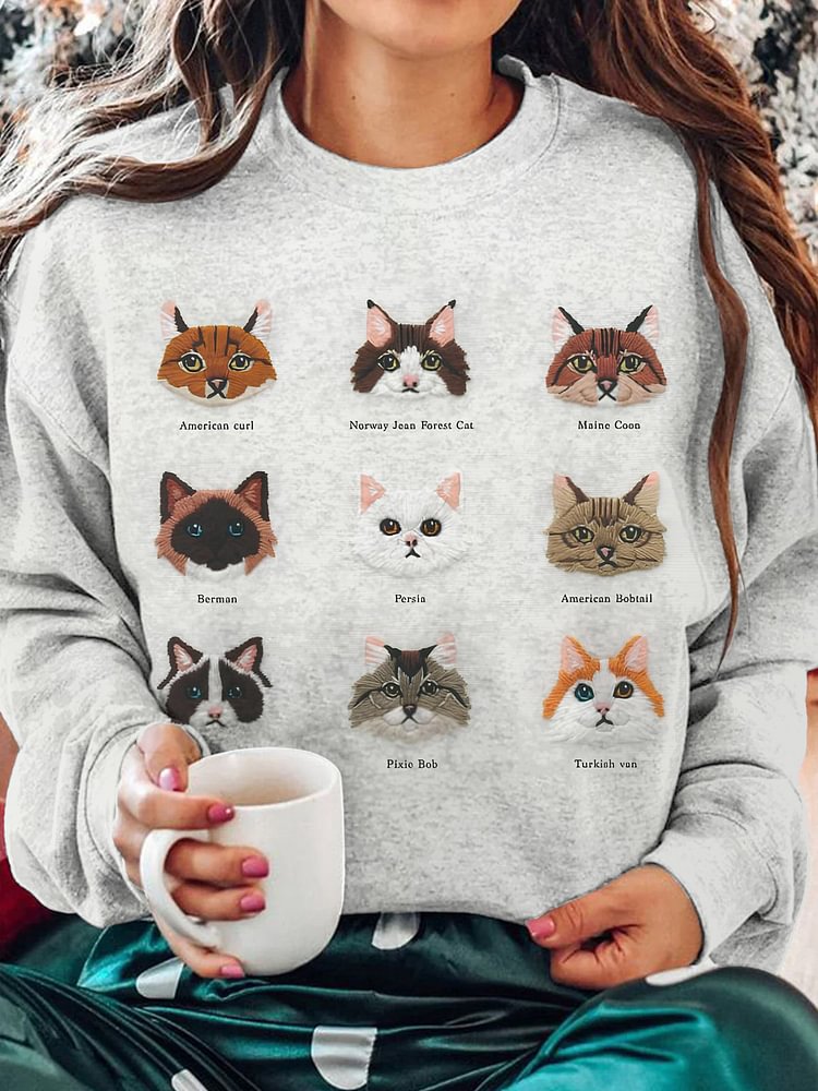 Women's Fun Cat Graphic Embroidery Print Cozy Sweatshirt