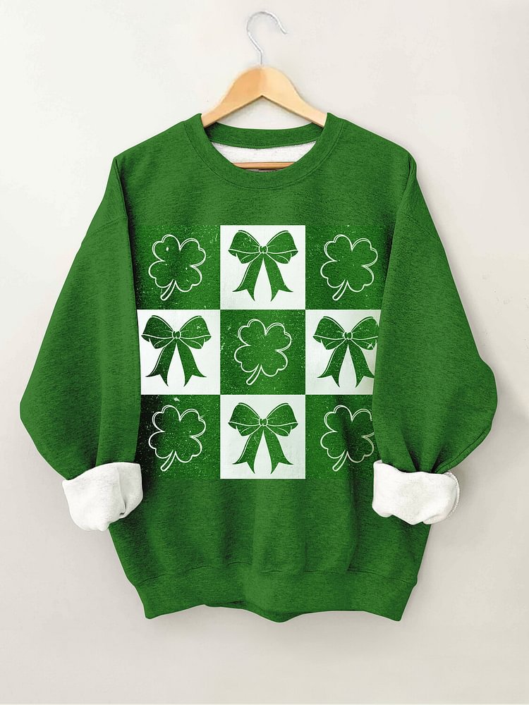 Women's Retro Checkered St Patrick's Day Print Cotton Long Sleeve Sweatshirt