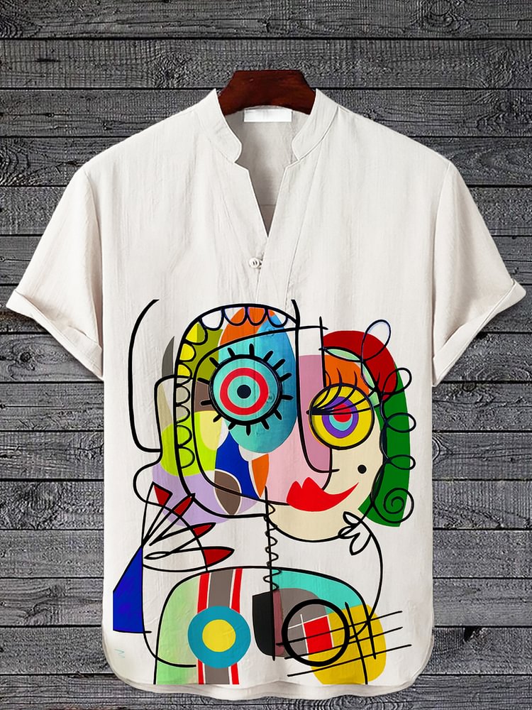 Men's Abstract Line Contrast Color Print Half Button Short Sleeve Shirt