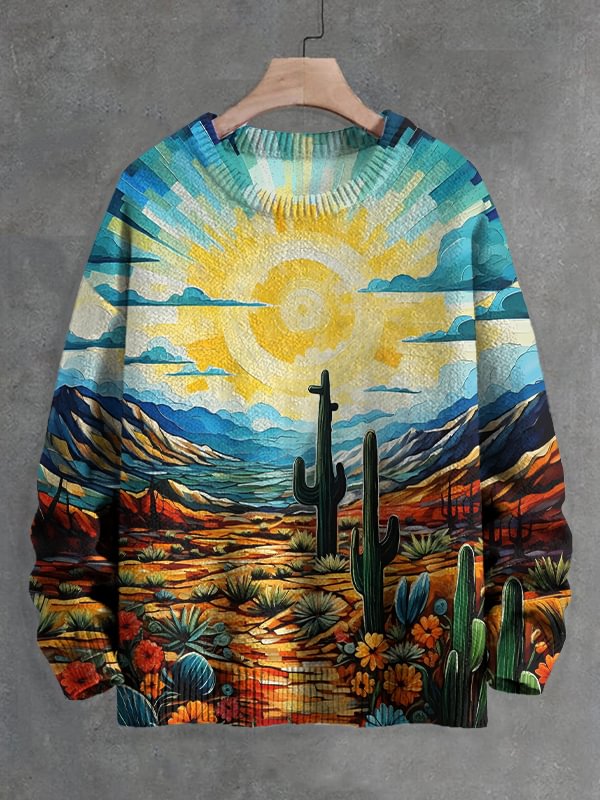 Men's Desert Sunrise Oil Painting Print Knit Sweatshirt