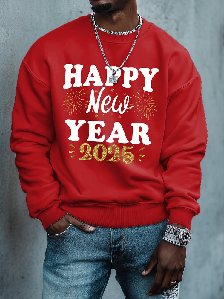 Men's Happy New Year 2025 Print Cotton Casual Sweatshirt