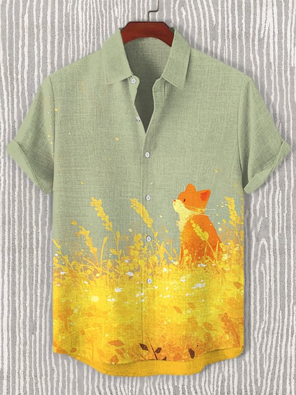Men's Cat In The Golden Field Art Print Casual Shirt