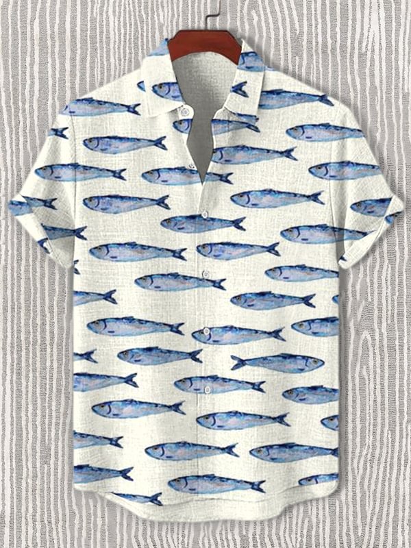 Men's Sardines Graphic Print Casual Short Sleeve Shirt