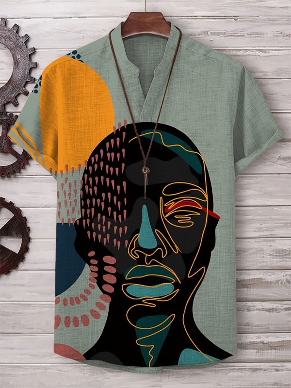 Men's Black Portrait Color Block Abstract Art Print Cotton And Linen V Neck T-Shirt