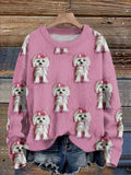 Women's Cute Bow White Fuzzy Puppy Printed Sweatshirt