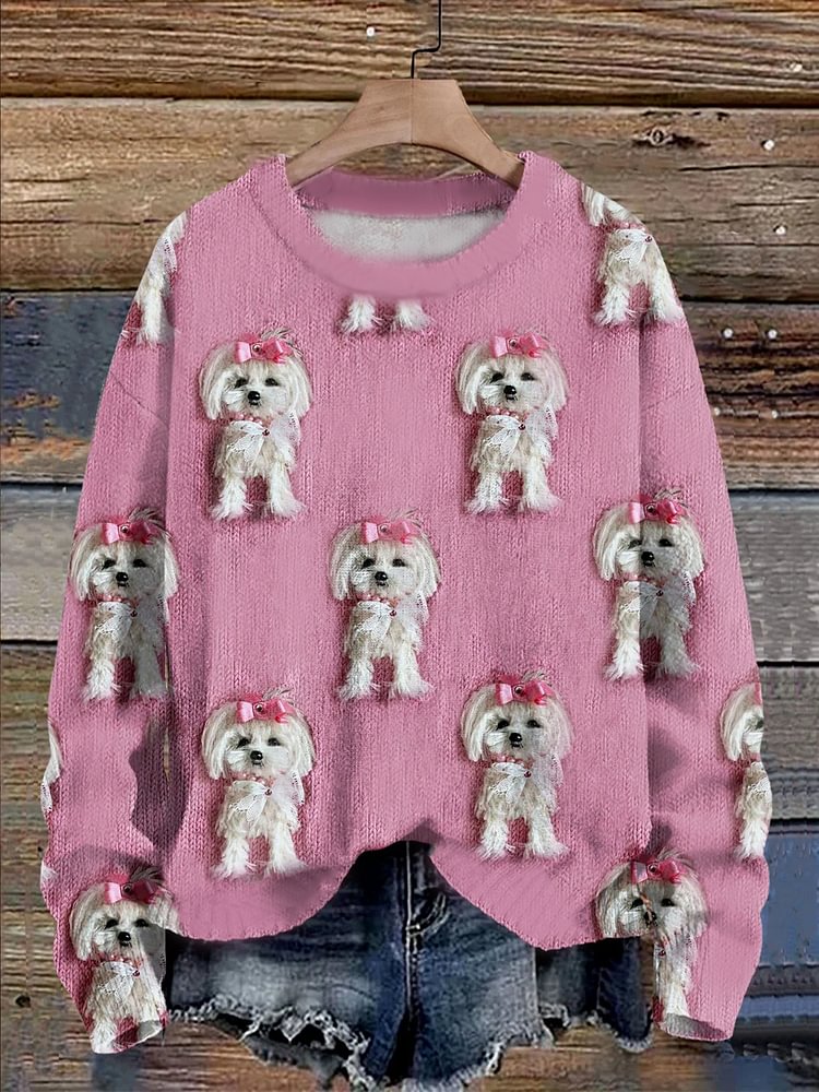 Women's Cute Bow White Fuzzy Puppy Printed Sweatshirt