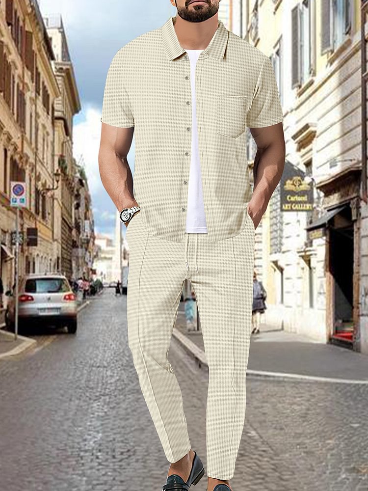 Men's Waffle Solid Color Short Sleeve Shirt Slant Pocket Pants Matching Set