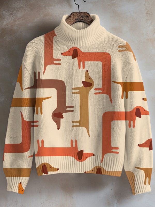 Women's Funny Dachshund Color Block Art Print High Neck Knit Sweatshirt