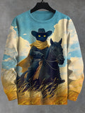 Men's Western Black Cat Riding A Horse Print Casual Sweatshirt