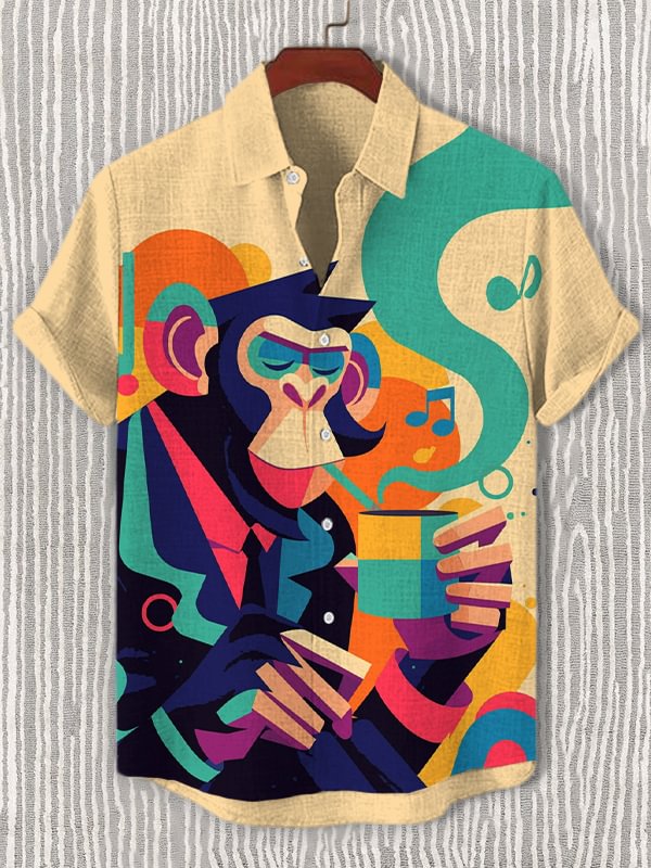 Men's Monkey Drinking Coffee Geometric Abstract Art Print Casual Shirt