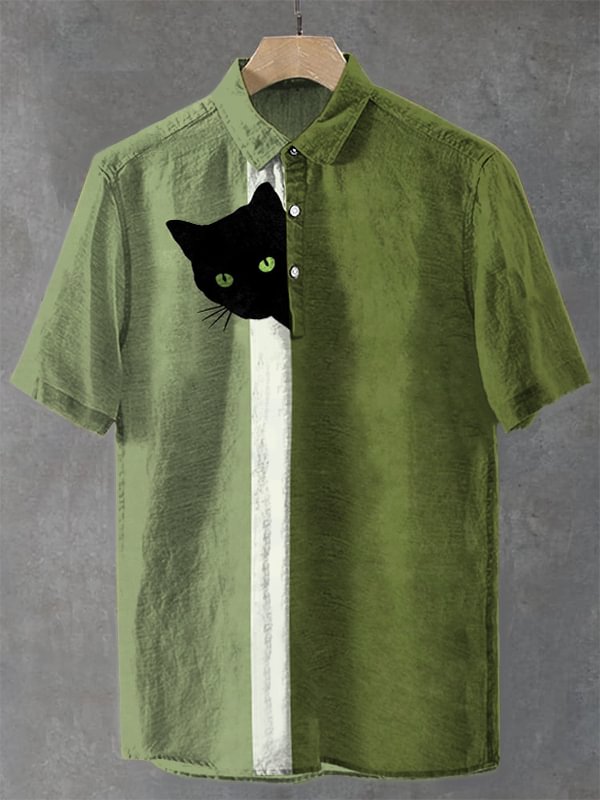 Men's Fun Hide And Seek Black Cat Print Half Button Casual Shirt